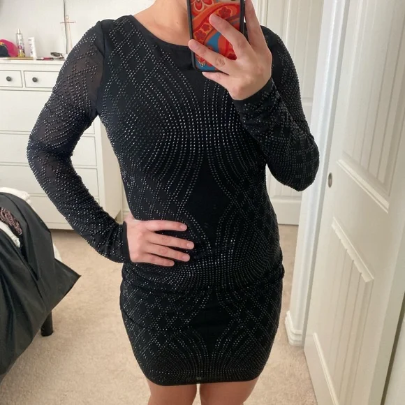 Windsor Black Dress Long Sleeve Black Rhinestone Long Sleeve